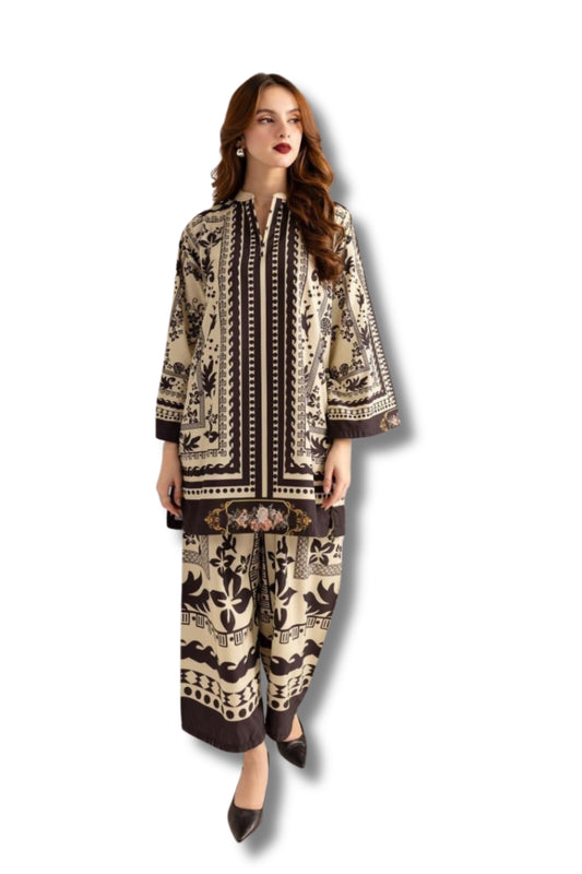 2 Pcs Women's Stitched Printed Shirt And Trouser