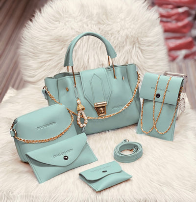 5 Pcs Women’s Pu Leather Plain Long Strap Hand Bag Wallet Set