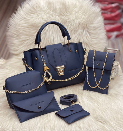 5 Pcs Women’s Pu Leather Plain Long Strap Hand Bag Wallet Set