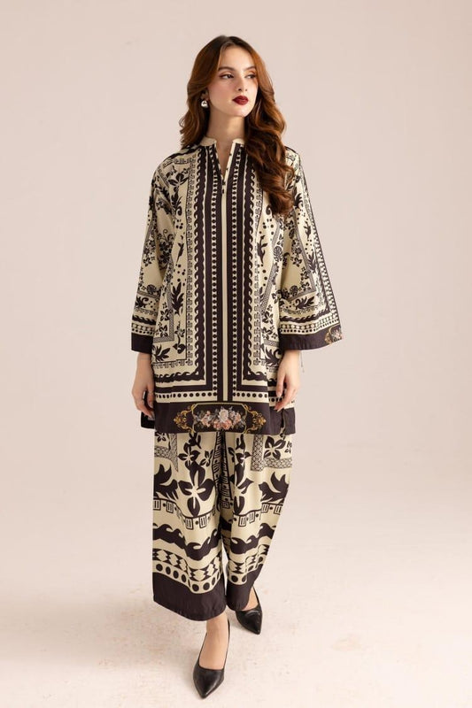 2 Pcs Women's Stitched Printed Shirt And Trouser